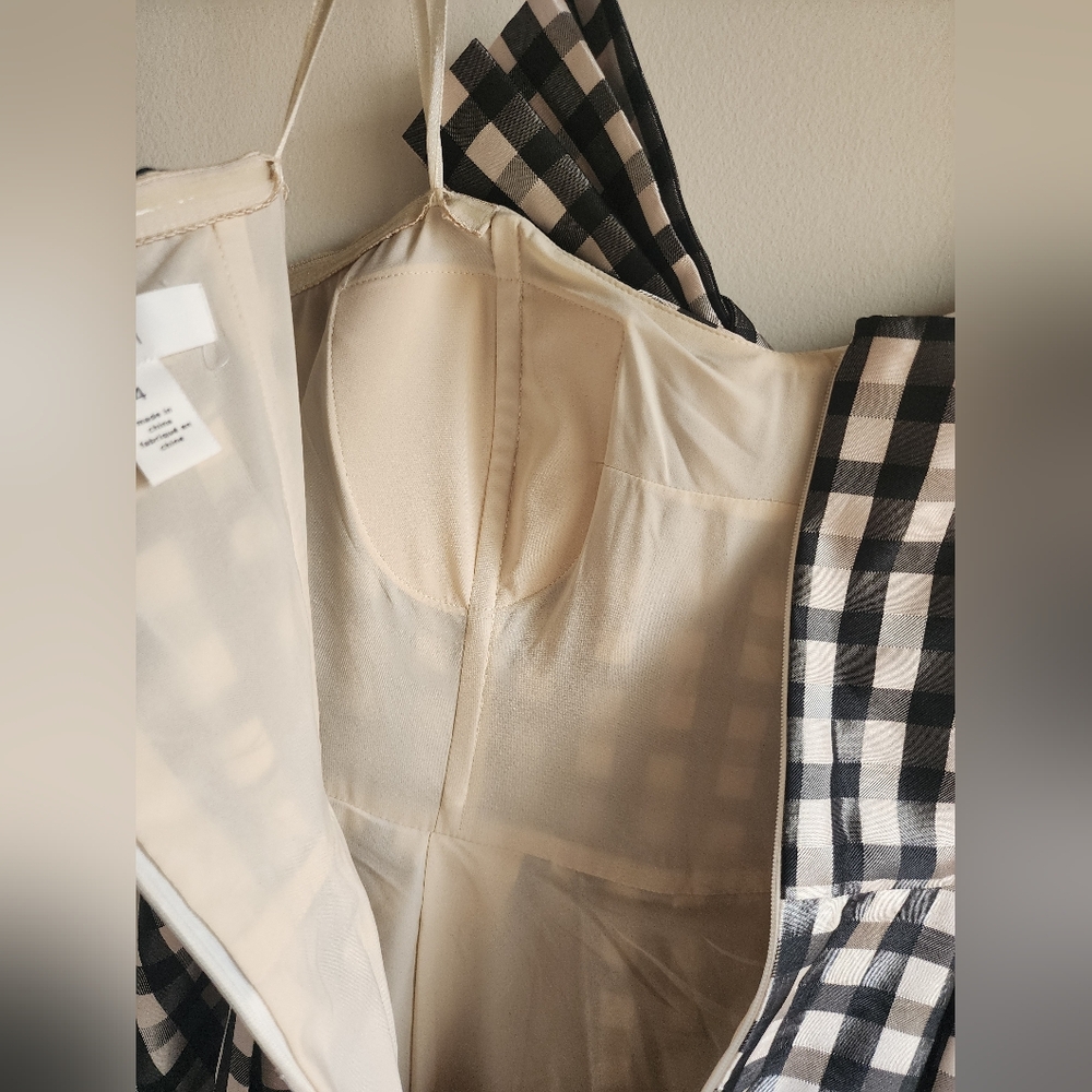 Classic Designer Black & White Gingham Taffeta Dress 1901 Midi Bow Bust Detail 4 - Picture 9 of 11